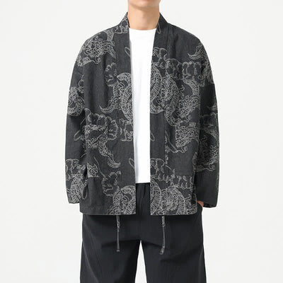 Buddha Stones Spring Vintage Drawstring Dragon Clouds Print Men's Kimono With Pockets - Black - US/UK/AU46，EU56 (3XL) - image 8