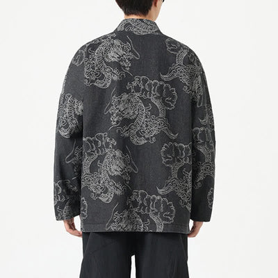Buddha Stones Spring Vintage Drawstring Dragon Clouds Print Men's Kimono With Pockets - image 12