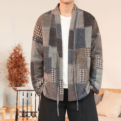 Buddha Stones Fall Winter Casual Vintage Drawstring Plaid Patchwork Men's Kimono With Pockets - image 1