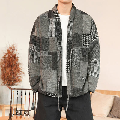 Buddha Stones Fall Winter Casual Vintage Drawstring Plaid Patchwork Men's Kimono With Pockets - DimGray - US/UK/AU42，EU52 (3XL) - image 8