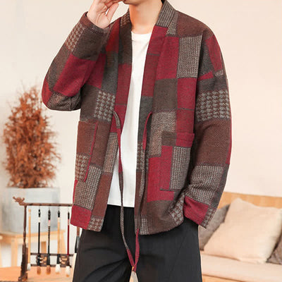 Buddha Stones Fall Winter Casual Vintage Drawstring Plaid Patchwork Men's Kimono With Pockets - image 25