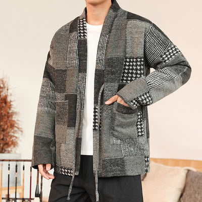 Buddha Stones Fall Winter Casual Vintage Drawstring Plaid Patchwork Men's Kimono With Pockets - image 11