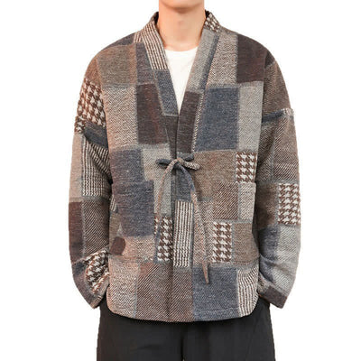 Buddha Stones Fall Winter Casual Vintage Drawstring Plaid Patchwork Men's Kimono With Pockets - image 7