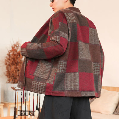 Buddha Stones Fall Winter Casual Vintage Drawstring Plaid Patchwork Men's Kimono With Pockets - image 24