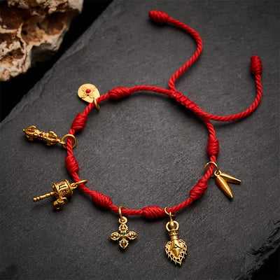 Buddha Stones Handmade Seven-Knot Red String Om Mani Padme Hum Prayer Wheel Vajra Bamboo Leaf Zakiram Luck Bracelet - image 2