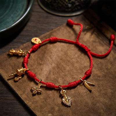 Buddha Stones Handmade Seven-Knot Red String Om Mani Padme Hum Prayer Wheel Vajra Bamboo Leaf Zakiram Luck Bracelet - image 1