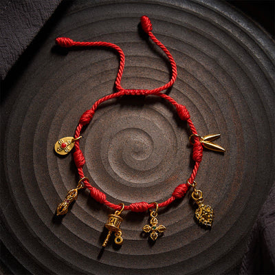 Buddha Stones Handmade Seven-Knot Red String Om Mani Padme Hum Prayer Wheel Vajra Bamboo Leaf Zakiram Luck Bracelet - image 8