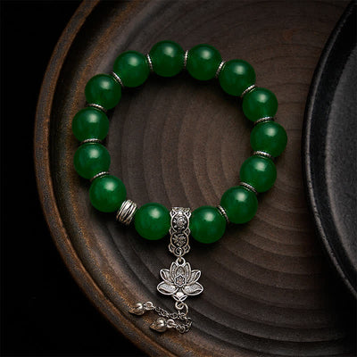 Buddha Stones Natural Green Quartzite Jade Beads Lotus Charm Protection Bracelet - Quartzite Jade(Wrist Circumference: 6.7–7.1 in / 17–18 cm) - image 0