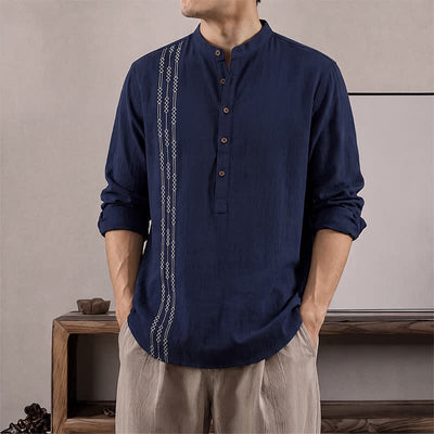Buddha Stones Spring Summer Casual Tang Style Geometric Cotton Men's Long Sleeve Shirts - MidnightBlue - US/UK/AU40, EU50 (2XL) - image 0