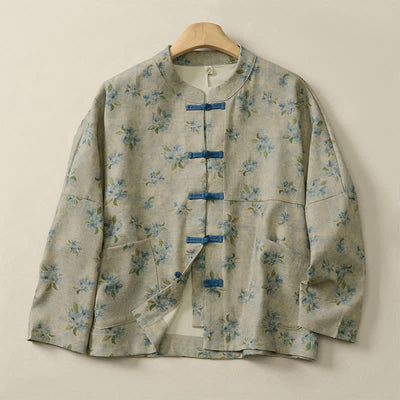 Buddha Stones Fall Vintage Tang Style Frog Button Floral Women's Jacket With Pockets - Beige - US14, UK/AU18, EU46 (2XL) - image 15