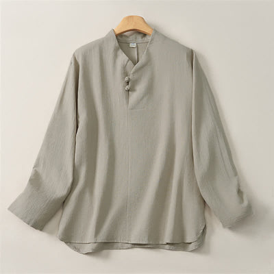 Buddha Stones Spring Fall Casual Tang Style Mandarin Collar Solid Cotton Men's Long Sleeve Shirts - Beige - US/UK/AU46, EU56 (5XL) - image 8