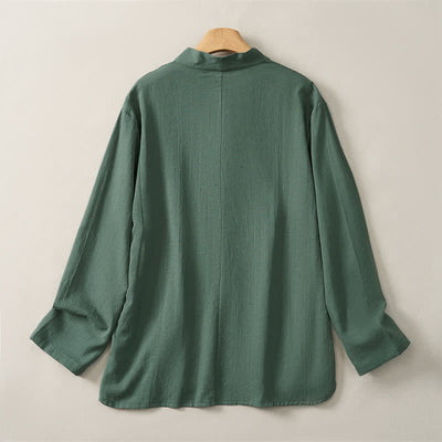 Buddha Stones Spring Fall Casual Tang Style Mandarin Collar Solid Cotton Men's Long Sleeve Shirts - image 1