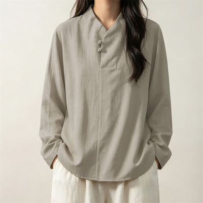 Buddha Stones Spring Fall Casual Tang Style Mandarin Collar Solid Cotton Men's Long Sleeve Shirts - image 10