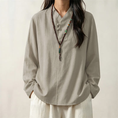 Buddha Stones Spring Fall Casual Tang Style Mandarin Collar Solid Cotton Men's Long Sleeve Shirts - image 11