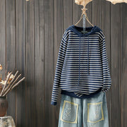Foviel Fall Winter Casual Classic Drawstring Striped Cotton Women's Hoodie