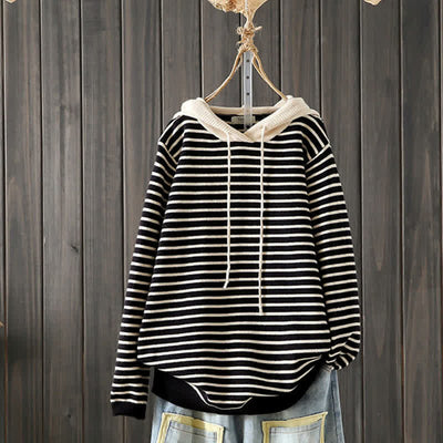 Buddha Stones Fall Winter Casual Classic Drawstring Striped Cotton Women's Hoodie - Black - US4-6, UK/AU8-10, EU36-38 (F) - image 11