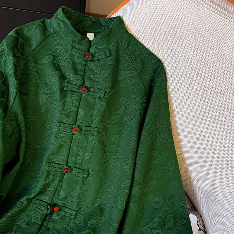 Buddha Stones Fall Vintage Tang Style Frog Button Floral Leaves Cotton Women's Long Sleeve Shirts - image 6