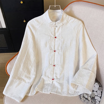 Buddha Stones Fall Vintage Tang Style Frog Button Floral Leaves Cotton Women's Long Sleeve Shirts - White - US12, UK/AU16, EU44 (2XL) - image 14