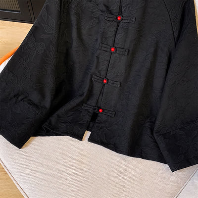 Buddha Stones Fall Vintage Tang Style Frog Button Floral Leaves Cotton Women's Long Sleeve Shirts - image 12