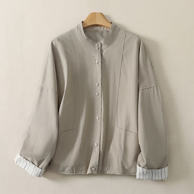 Buddha Stones Fall Winter Casual Minimalist Mandarin Collar Solid Cropped Women's Jacket With Pockets - Beige - US14, UK/AU18, EU46 (2XL) - image 5