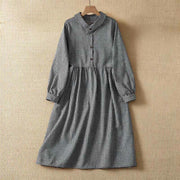 Foviel Fall Vintage Button-Up Black and White Gingham Women's Long Sleeve Dress With Pockets