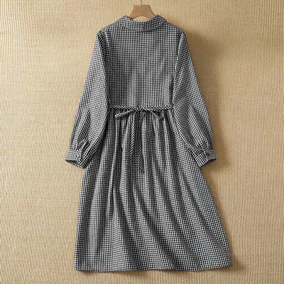 Buddha Stones Fall Vintage Button-Up Black and White Gingham Women's Long Sleeve Dress With Pockets - image 1