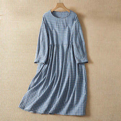 Buddha Stones Spring Fall Casual Vintage Blue and White Plaid Crew Neck Women's Long Sleeve Dress With Pockets - LightSteelBlue - US14, UK/AU18, EU46 (2XL) - image 0