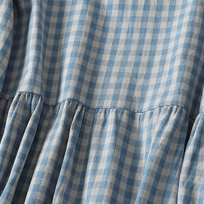 Buddha Stones Spring Fall Casual Vintage Blue and White Plaid Crew Neck Women's Long Sleeve Dress With Pockets - image 4