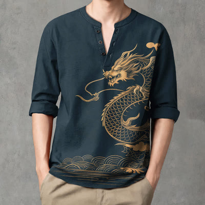 Buddha Stones Cotton Golden Dragon Wave Pattern V-Neck Buttons Men's Long Sleeve Shirts - image 15