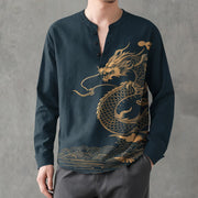 Foviel Cotton Golden Dragon Wave Pattern V-Neck Buttons Men's Long Sleeve Shirts