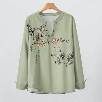 Buddha Stones Cotton Ink Pine Yellow Flowers Pattern V-Neck Buttons Men's Long Sleeve Shirts - image 9