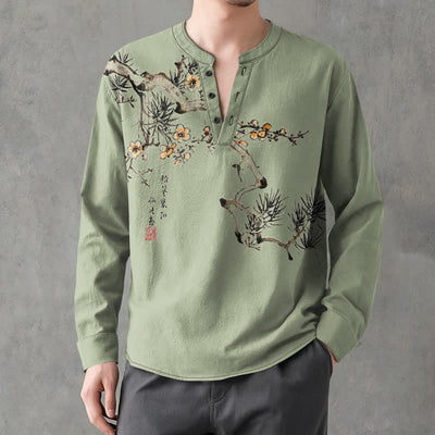 Buddha Stones Cotton Ink Pine Yellow Flowers Pattern V-Neck Buttons Men's Long Sleeve Shirts - image 8