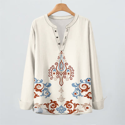 Buddha Stones Cotton Tribal Multicolored Geometric Pattern V-Neck Buttons Men's Long Sleeve Shirts - image 2