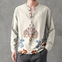 Buddha Stones Cotton Tribal Multicolored Geometric Pattern V-Neck Buttons Men's Long Sleeve Shirts - Linen - US/UK/AU48，EU58 (4XL) - image 0