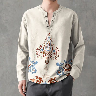 Buddha Stones Cotton Tribal Multicolored Geometric Pattern V-Neck Buttons Men's Long Sleeve Shirts - Linen - US/UK/AU48，EU58 (4XL) - image 0