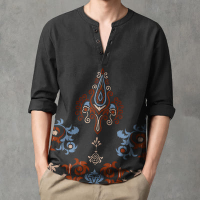 Buddha Stones Cotton Tribal Multicolored Geometric Pattern V-Neck Buttons Men's Long Sleeve Shirts - image 8