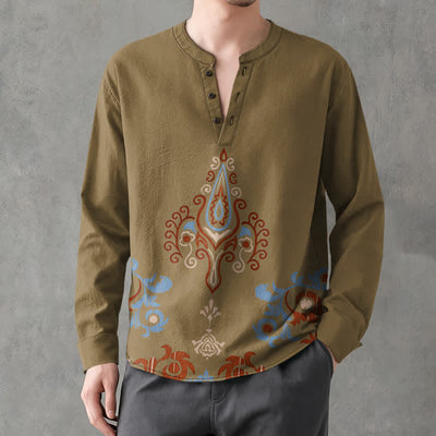 Buddha Stones Cotton Tribal Multicolored Geometric Pattern V-Neck Buttons Men's Long Sleeve Shirts - Olive - US/UK/AU48，EU58 (4XL) - image 14