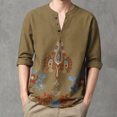 Buddha Stones Cotton Tribal Multicolored Geometric Pattern V-Neck Buttons Men's Long Sleeve Shirts - image 15