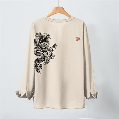 Buddha Stones Cotton Dragon Seal Pattern V-Neck Buttons Men's Long Sleeve Shirts - image 3