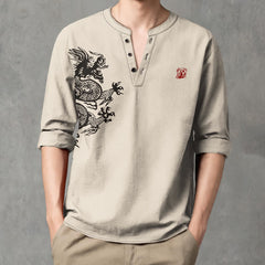 Buddha Stones Cotton Dragon Seal Pattern V-Neck Buttons Men's Long Sleeve Shirts - Beige - US/UK/AU48，EU58 (4XL) - image 0