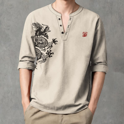 Buddha Stones Cotton Dragon Seal Pattern V-Neck Buttons Men's Long Sleeve Shirts - Beige - US/UK/AU48，EU58 (4XL) - image 0