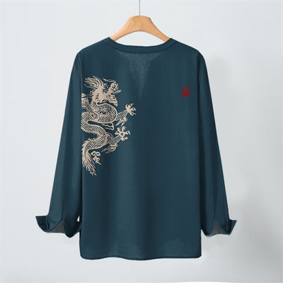 Buddha Stones Cotton Dragon Seal Pattern V-Neck Buttons Men's Long Sleeve Shirts - image 10