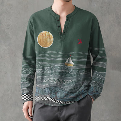 Buddha Stones Cotton Ocean Wave Sailboat Moon Pattern V-Neck Buttons Men's Long Sleeve Shirts - SeaGreen - US/UK/AU48，EU58 (4XL) - image 14