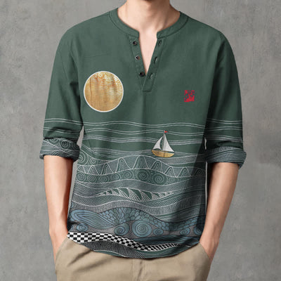 Buddha Stones Cotton Ocean Wave Sailboat Moon Pattern V-Neck Buttons Men's Long Sleeve Shirts - image 15