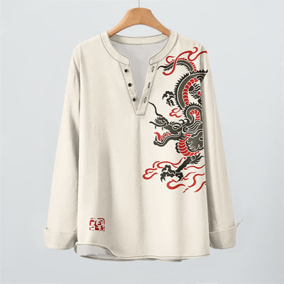 Buddha Stones Cotton Eastern Dragon Flame Pattern V-Neck Buttons Men's Long Sleeve Shirts - image 2
