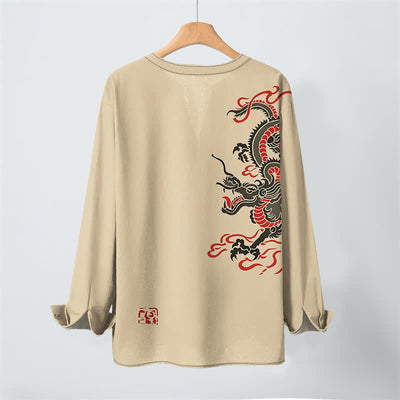 Buddha Stones Cotton Eastern Dragon Flame Pattern V-Neck Buttons Men's Long Sleeve Shirts - image 17