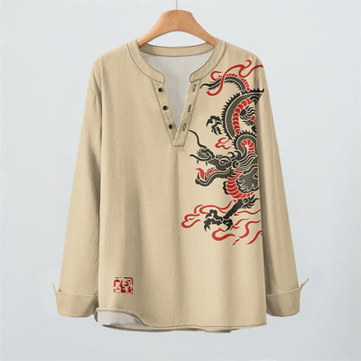 Buddha Stones Cotton Eastern Dragon Flame Pattern V-Neck Buttons Men's Long Sleeve Shirts - image 16