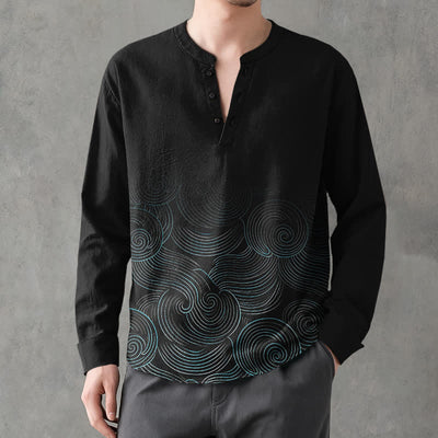 Buddha Stones Cotton Ocean Wave Spiral Pattern V-Neck Buttons Men's Long Sleeve Shirts - image 15