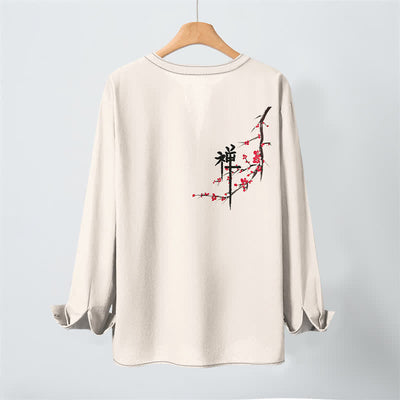 Buddha Stones Cotton Zen Plum Blossom Pattern V-Neck Buttons Men's Long Sleeve Shirts - image 3