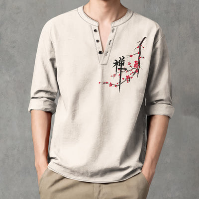 Buddha Stones Cotton Zen Plum Blossom Pattern V-Neck Buttons Men's Long Sleeve Shirts - image 1